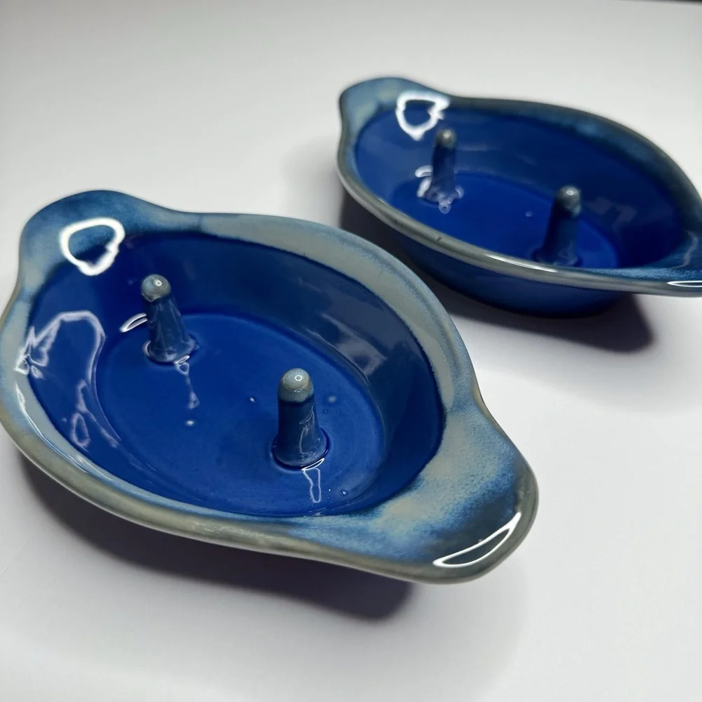 Set of 2 Ceramic Clay Baked Potato Cooker Holder Blue Speckle Glaze Farmcore - Picture 2 of 11